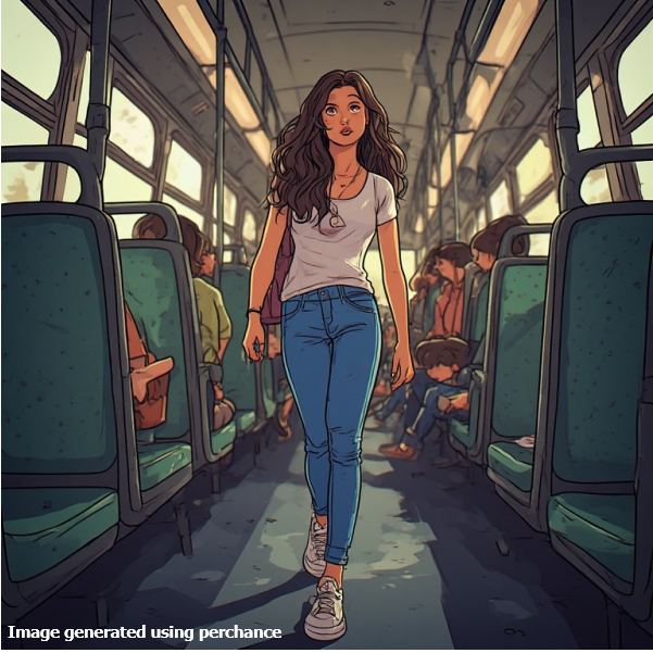 A teenage girl walking down the aisle of a bus.