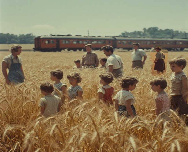 A family group standing in a wheat field beside a train.