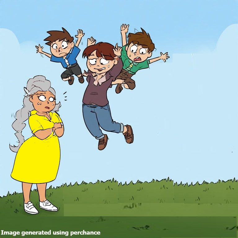 Three kids jumping on the grass.