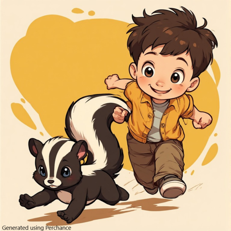 A child chasing a skunk.