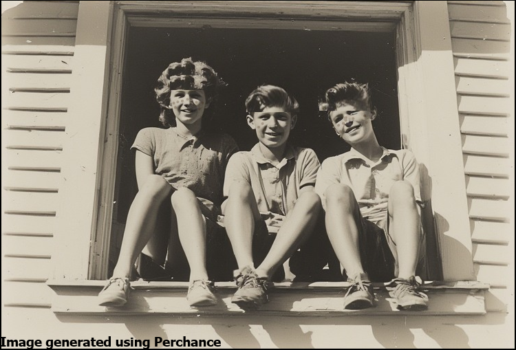 A young girl and two young boys sitting on a window ledge.